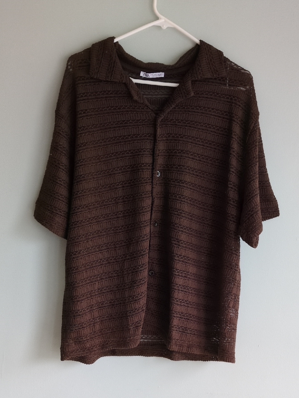 Zara Dark Brown Open-Knit Short Sleeve Button Shirt
